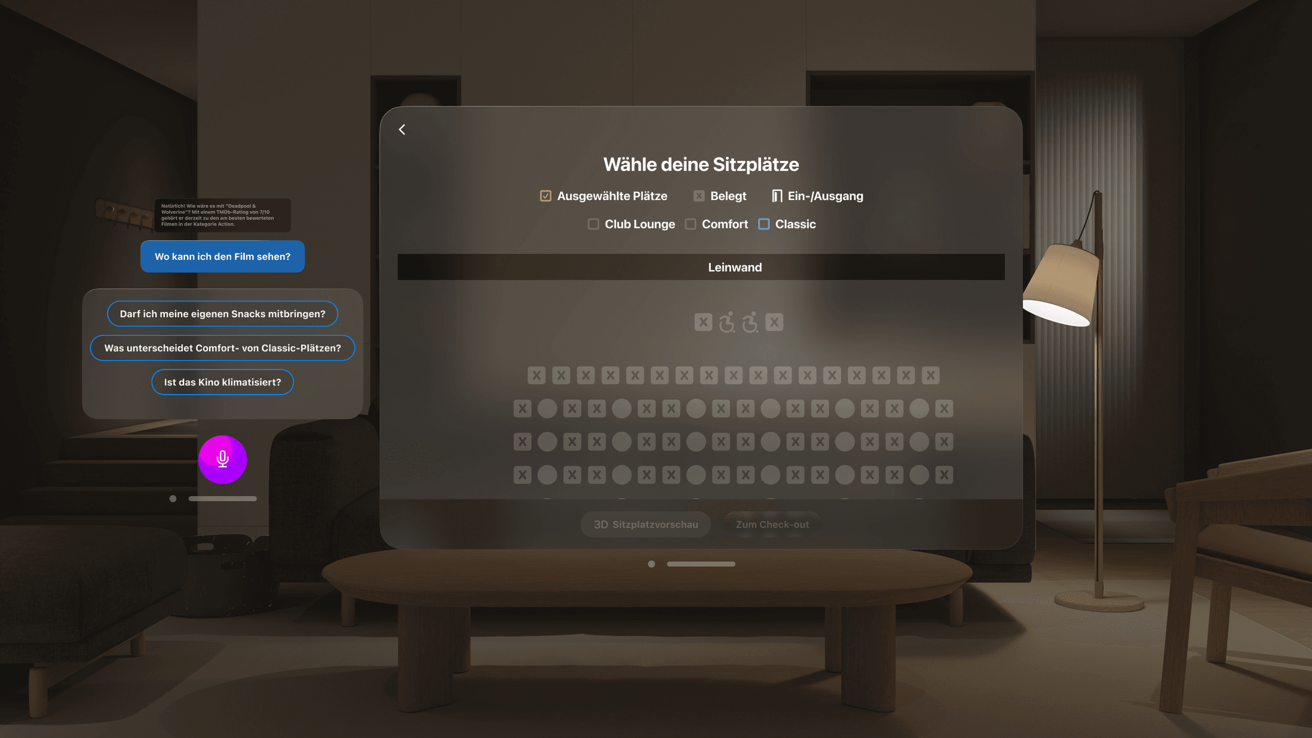 Sitzplatz Auswahl Apple Vision Pro