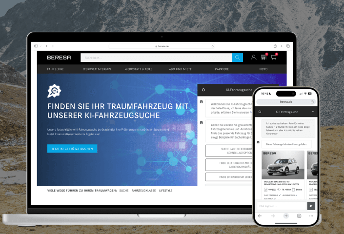 Laptop und Smartphone zeigen die KI-gestützte Fahrzeugsuche von Beresa mit dem Slogan 'Finden Sie Ihr Traumfahrzeug'
